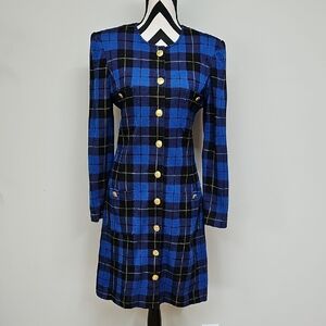 Vtg Adrienne Vittadini Blue Black Plaid Dress W Gold Buttons Button Up Pockets 8